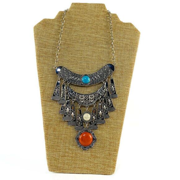 Southwestern Design Necklace Metal With Stones Faux Turquoise 11" - Picture 4 of 7
